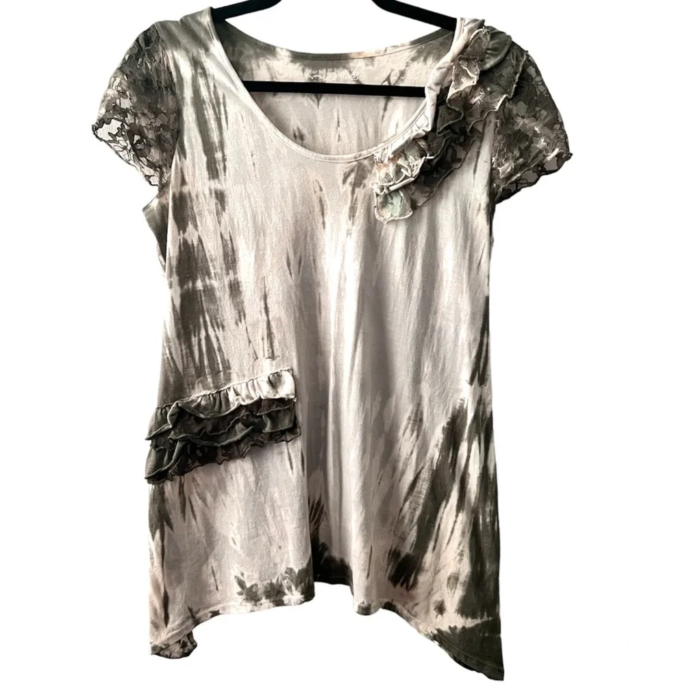 RXB | WHITE & SAGE TIE DYE RUFFLED LACE TUNIC TOP - Picture 8 of 8